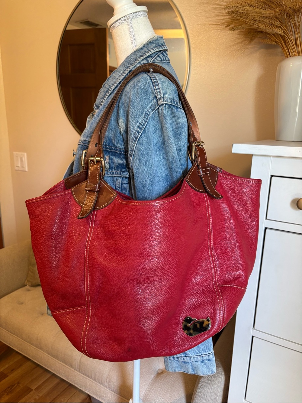 Coach Red Leather Tote with Brown Handles